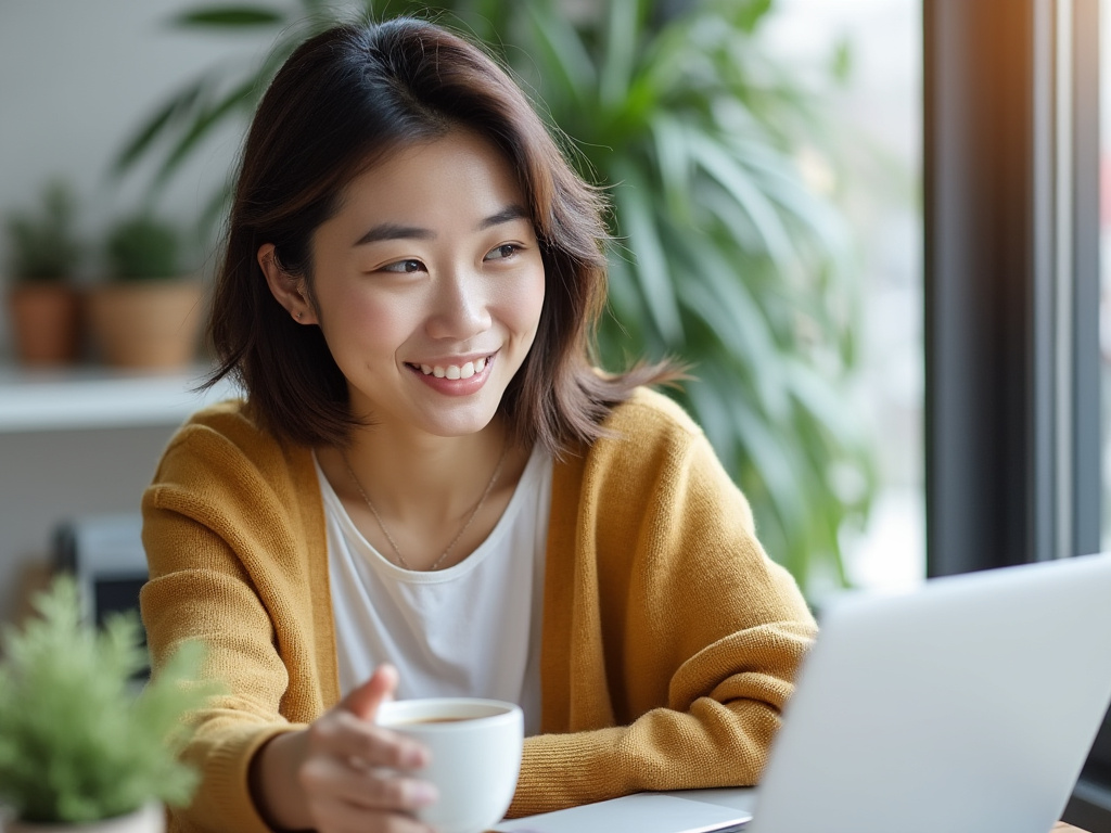 コーヒーを飲みながら在宅ワークをする30代女性